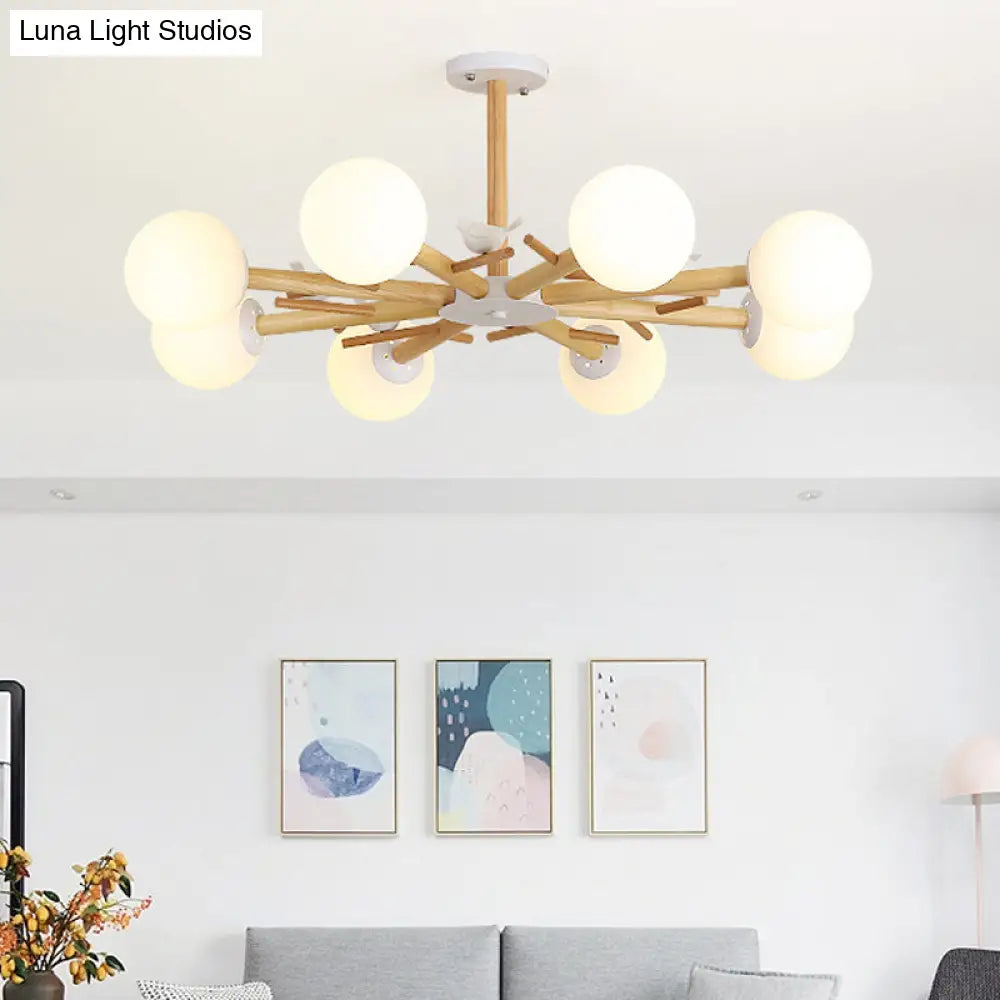 Modern Wooden Branch Flush Chandelier With Ball Cream Glass Shades - Nordic Design 3/6/8 Heads White