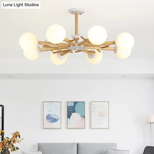 Modern Wooden Branch Flush Chandelier With Ball Cream Glass Shades - Nordic Design 3/6/8 Heads White
