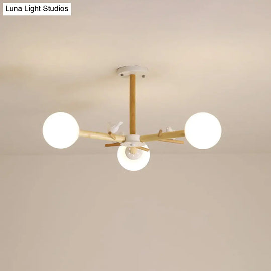 Modern Wooden Branch Flush Chandelier With Ball Cream Glass Shades - Nordic Design 3/6/8 Heads White
