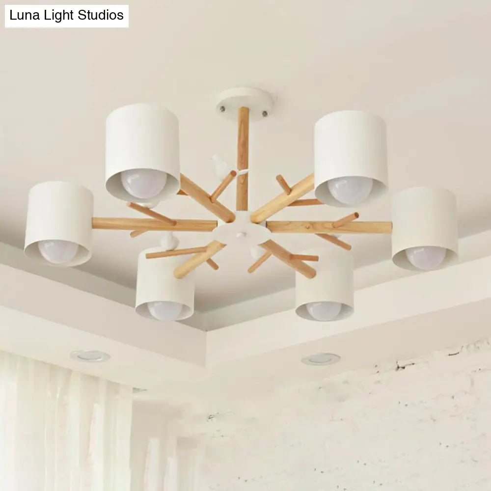 Modern Wooden Branch Flush Chandelier With Ball Cream Glass Shades - Nordic Design 3/6/8 Heads White