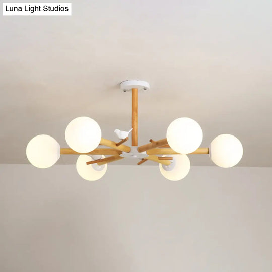 Modern Wooden Branch Flush Chandelier With Ball Cream Glass Shades - Nordic Design 3/6/8 Heads White