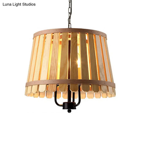Modern Wooden Chandelier Light Fixture - 12.5/16.5 Wide Slatted Design 3 Lights Blue/Green/Wood