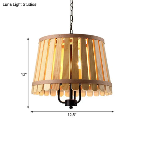 Modern Wooden Chandelier Light Fixture - 12.5/16.5 Wide Slatted Design 3 Lights Blue/Green/Wood