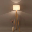 Modern Wooden Led Bedside Floor Lamp With Tripod Stand & Drum Fabric Shade Flaxen