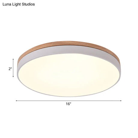 Modern Wooden Led Ceiling Lamp - Wide White Round Flush Mount Single Light For Living Room