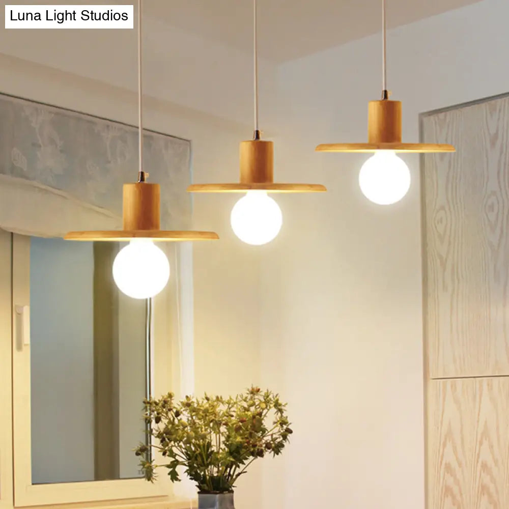 Modern Wooden Lid Shaped Chandelier With 3 Bulbs - Hanging Light For Dining Room