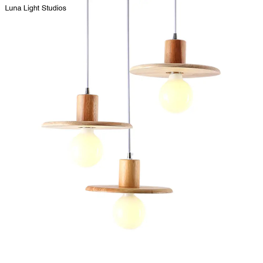 Modern Wooden Lid Shaped Chandelier With 3 Bulbs - Hanging Light For Dining Room