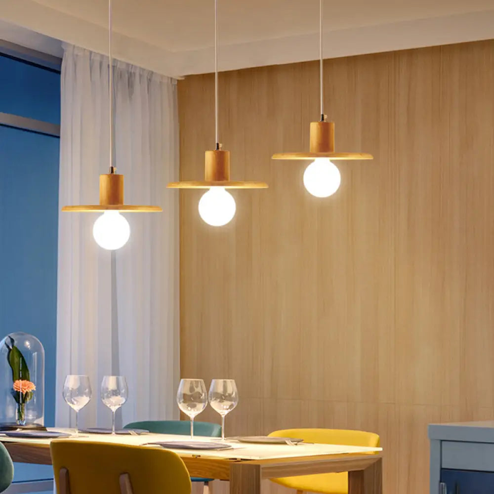 Modern Wooden Lid Shaped Chandelier With 3 Bulbs - Hanging Light For Dining Room Wood / Linear
