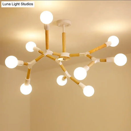 Modern Wooden Molecular Chandelier With Bare Bulbs - 3/6/9 Lights Black/White Ceiling Hang Lamp