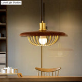 Modern Wooden Pendant Light With Golden Metal Cage - Single Bulb Hanging Lamp For Coffee Shop