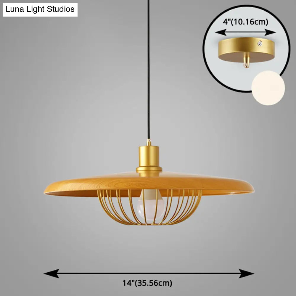 Modern Wooden Pendant Light With Golden Metal Cage - Single Bulb Hanging Lamp For Coffee Shop