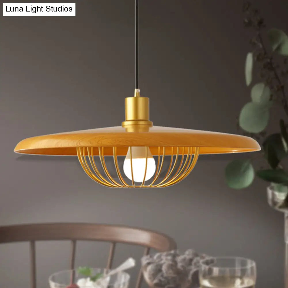Modern Wooden Pendant Light With Golden Metal Cage - Single Bulb Hanging Lamp For Coffee Shop