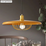 Modern Wooden Pendant Light With Golden Metal Cage - Single Bulb Hanging Lamp For Coffee Shop
