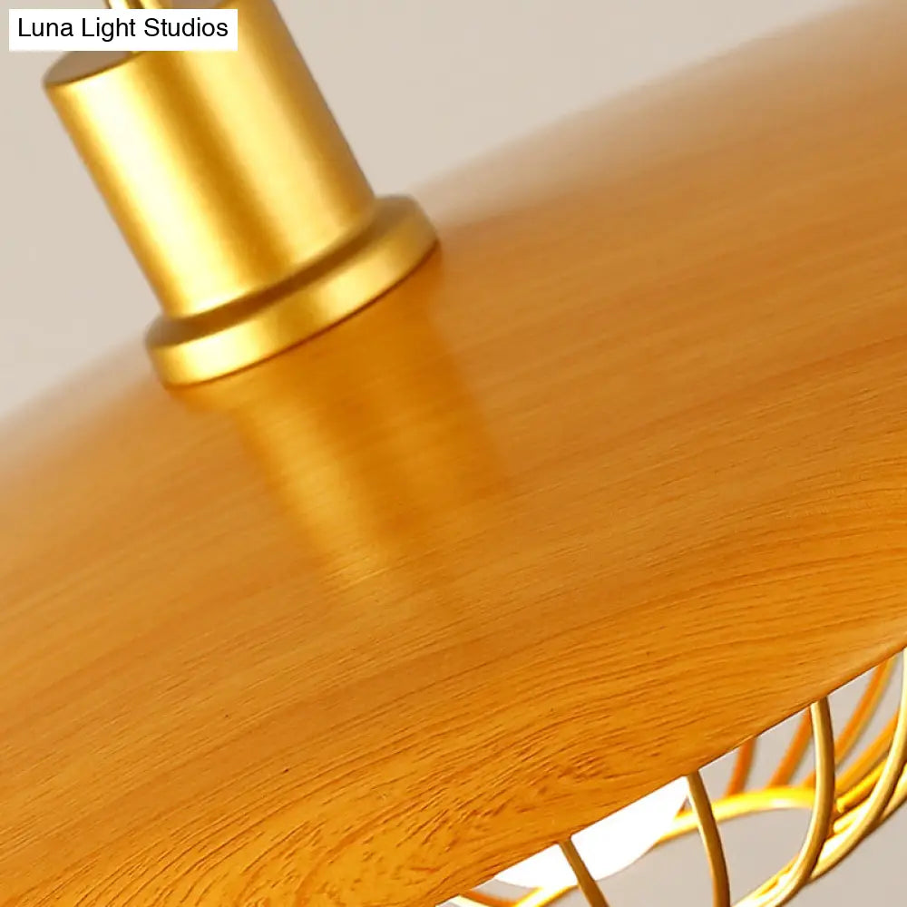 Modern Wooden Pendant Light With Golden Metal Cage - Single Bulb Hanging Lamp For Coffee Shop
