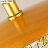 Modern Wooden Pendant Light With Golden Metal Cage - Single Bulb Hanging Lamp For Coffee Shop