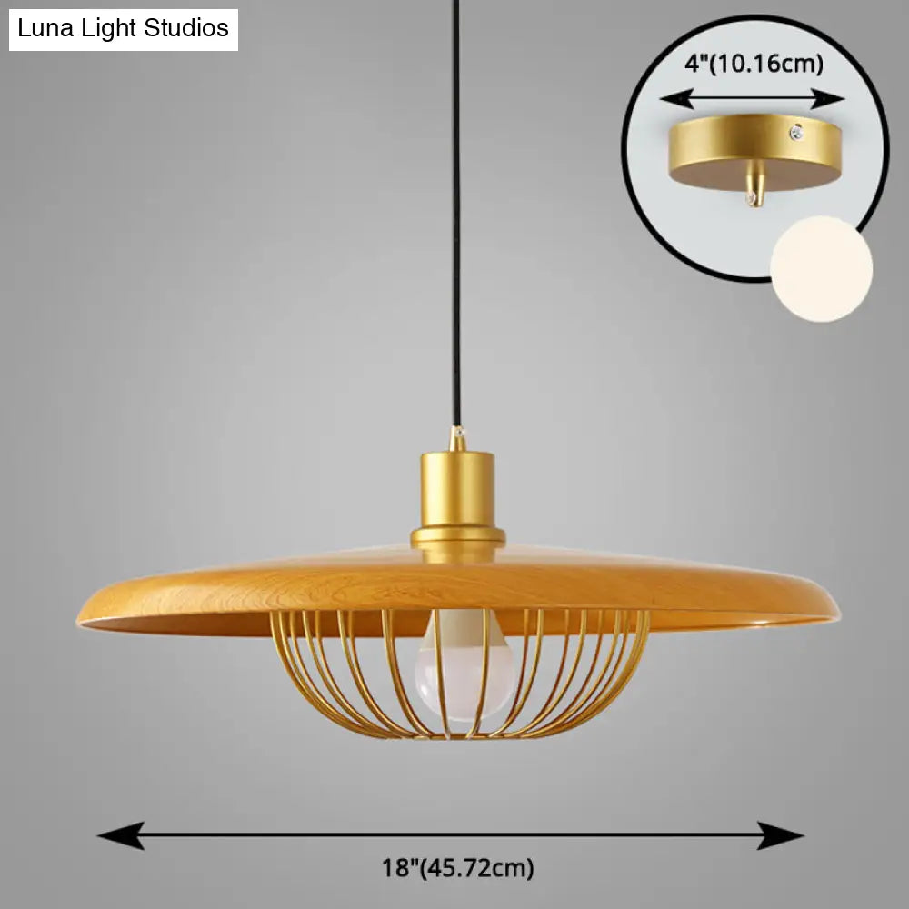 Modern Wooden Pendant Light With Golden Metal Cage - Single Bulb Hanging Lamp For Coffee Shop