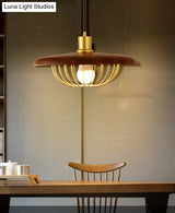 Modern Wooden Pendant Light With Golden Metal Cage - Single Bulb Hanging Lamp For Coffee Shop