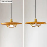 Modern Wooden Pendant Light With Golden Metal Cage - Single Bulb Hanging Lamp For Coffee Shop