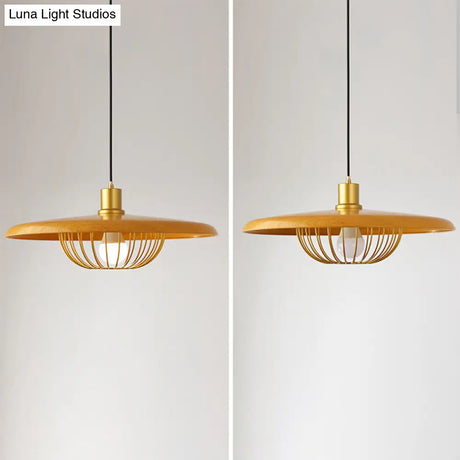 Modern Wooden Pendant Light With Golden Metal Cage - Single Bulb Hanging Lamp For Coffee Shop