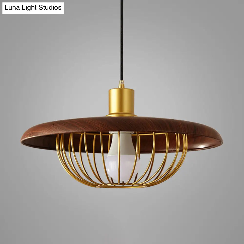 Modern Wooden Pendant Light With Golden Metal Cage - Single Bulb Hanging Lamp For Coffee Shop