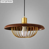 Modern Wooden Pendant Light With Golden Metal Cage - Single Bulb Hanging Lamp For Coffee Shop