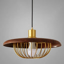 Modern Wooden Pendant Light With Golden Metal Cage - Single Bulb Hanging Lamp For Coffee Shop Dark