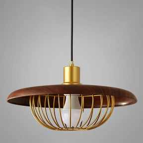 Modern Wooden Pendant Light With Golden Metal Cage - Single Bulb Hanging Lamp For Coffee Shop Dark