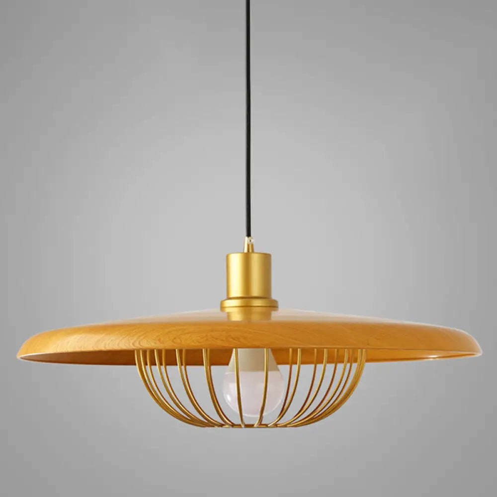 Modern Wooden Pendant Light With Golden Metal Cage - Single Bulb Hanging Lamp For Coffee Shop Wood /
