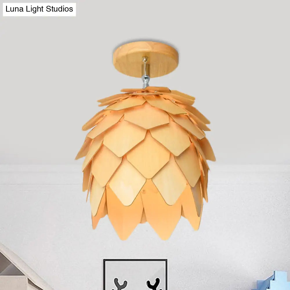 Modern Wooden Square/Trumpet/Pineapple Semi-Flush Ceiling Light - 1 Indoor Mount Wood / Pineapple