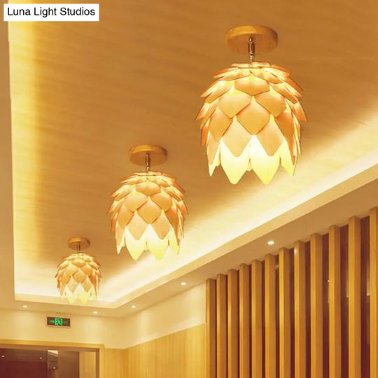 Modern Wooden Square/Trumpet/Pineapple Semi-Flush Ceiling Light - 1 Indoor Mount