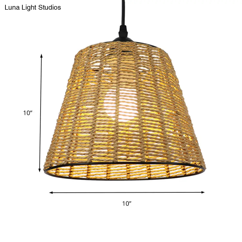 Modern Woven Rattan Pendant Lamp - Beige Bucket Hanging Light Fixture 1-Light Indoor