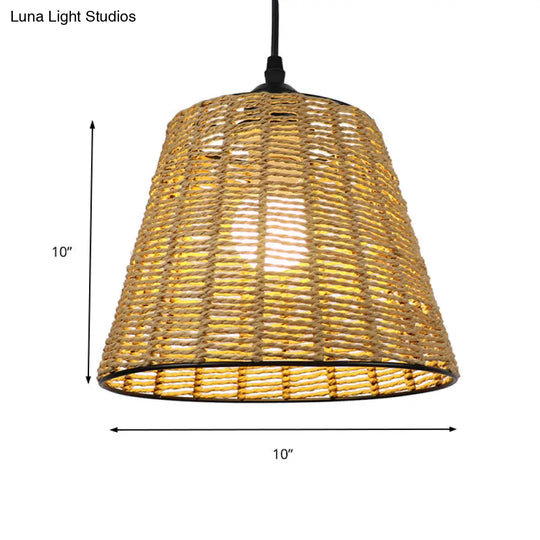 Modern Woven Rattan Pendant Lamp - Beige Bucket Hanging Light Fixture 1-Light Indoor
