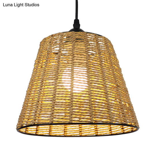 Modern Woven Rattan Pendant Lamp - Beige Bucket Hanging Light Fixture 1-Light Indoor