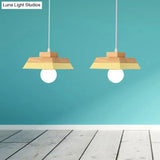 Modern Yellow/Pink And Wood Living Room Pendant Light With Geometric Metal Shade