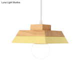 Modern Yellow/Pink And Wood Living Room Pendant Light With Geometric Metal Shade