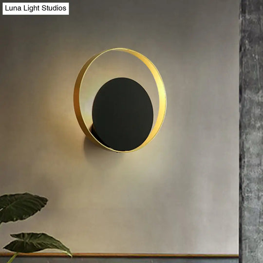 Modernist 1-Head Black And Gold Led Wall Lamp - Metallic Round Sconce Light Fixture For Corner