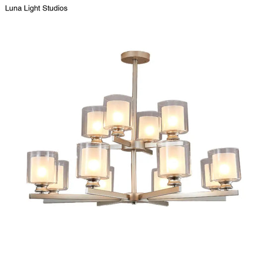 Modernist 2-Tier White Glass Chandelier With Radial Design - 12 Lights: Black/Gold/Silver Hanging