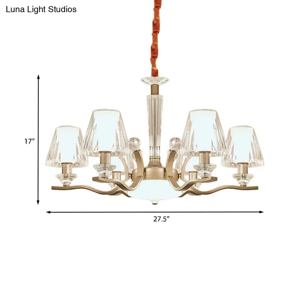 Modernist 6-Bulb Clear Crystal Glass Cone Hanging Lamp Kit In Gold For Bedroom Chandelier