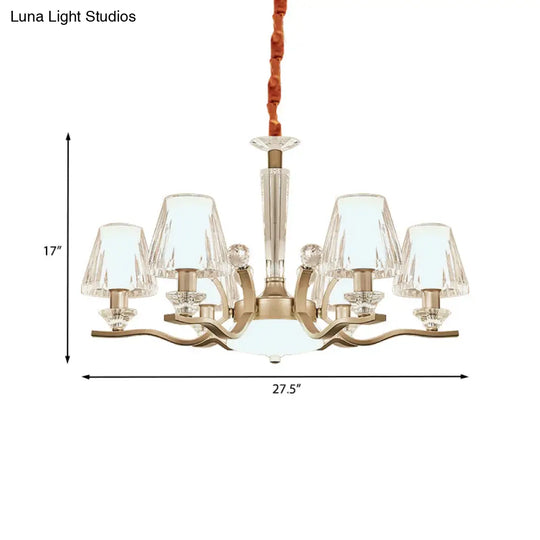 Modernist 6-Bulb Clear Crystal Glass Cone Hanging Lamp Kit In Gold For Bedroom Chandelier