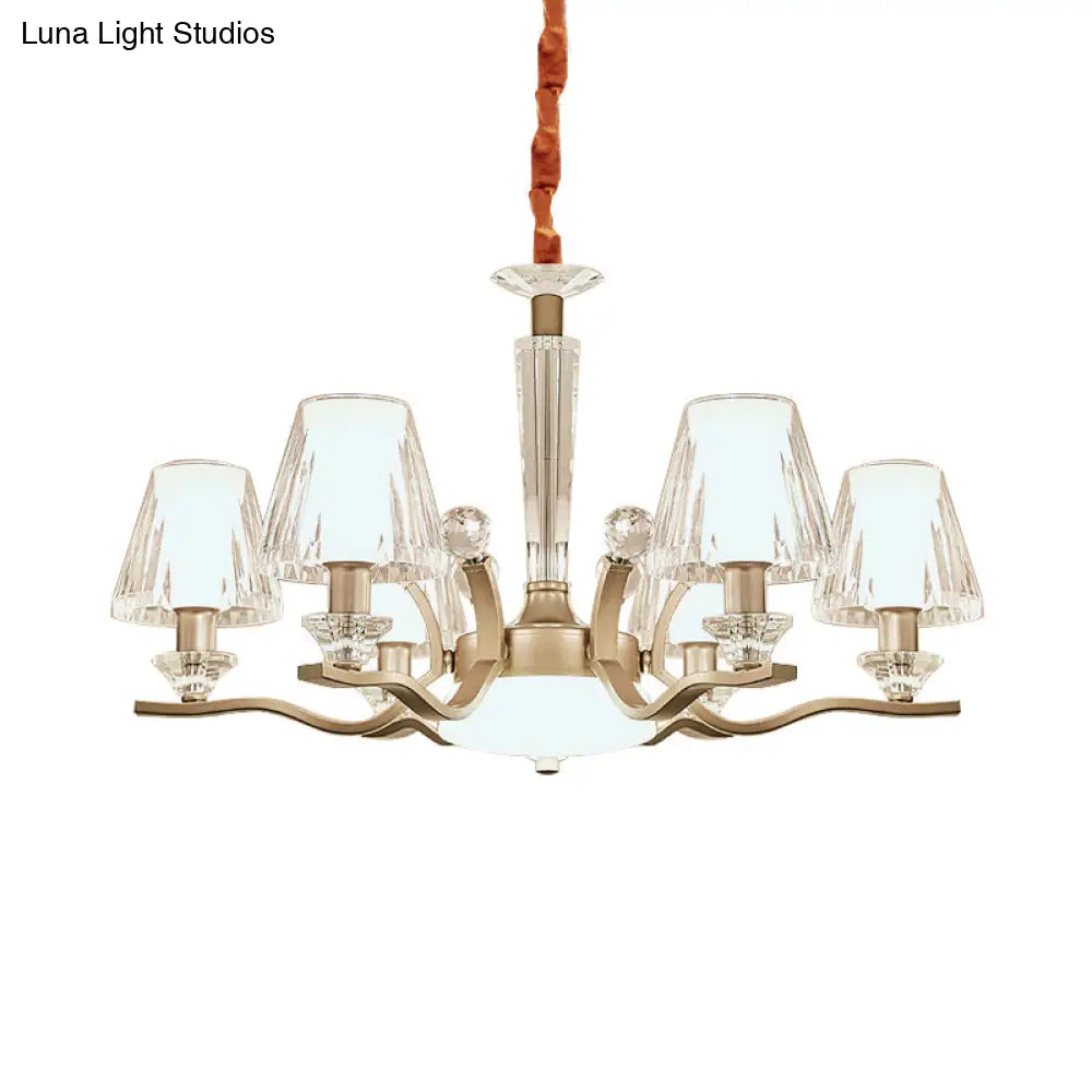 Modernist 6-Bulb Clear Crystal Glass Cone Hanging Lamp Kit In Gold For Bedroom Chandelier