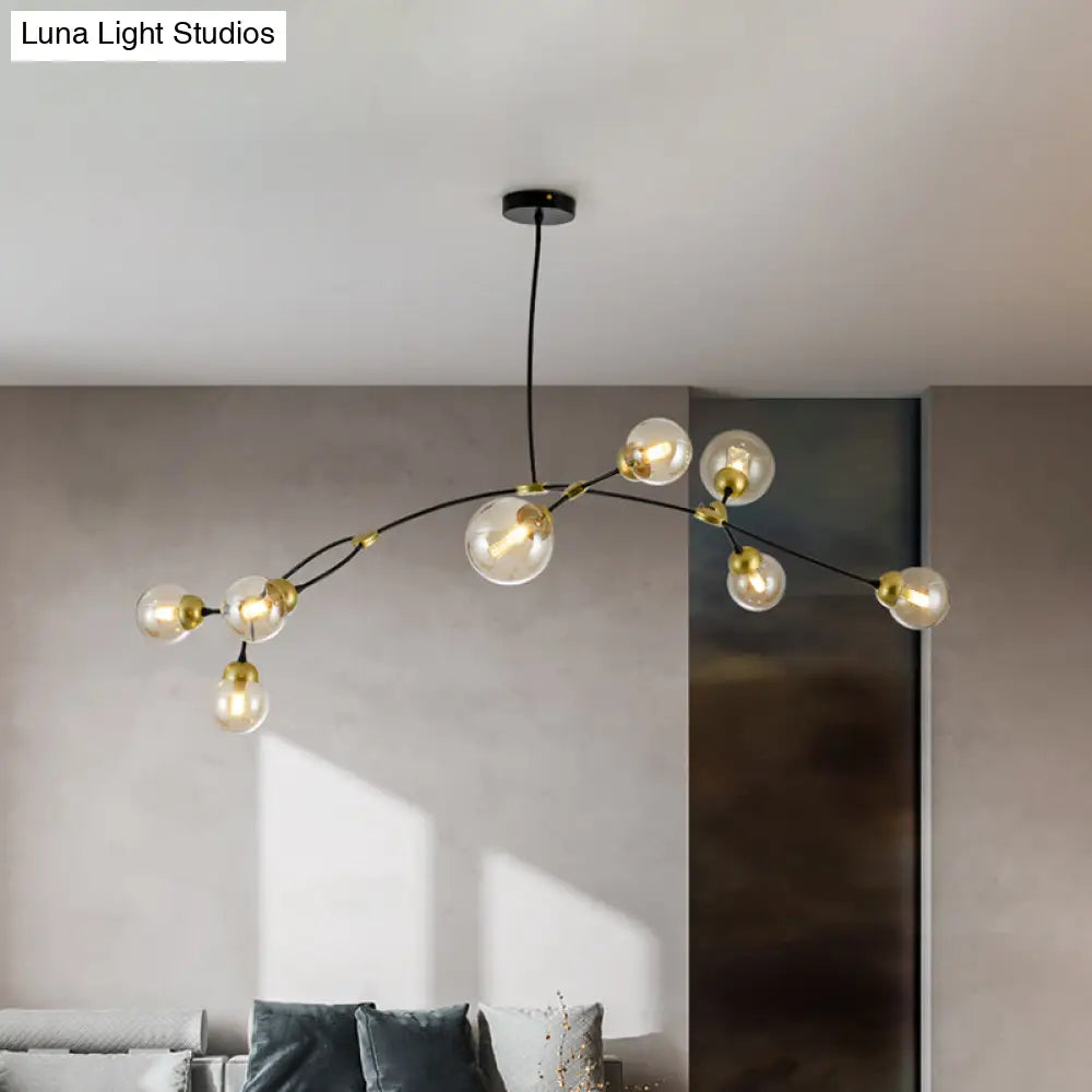 Modernist Amber Glass 8 Head Black Linear Pendant Lamp for Living Room Globe Ceiling Chandelier Black