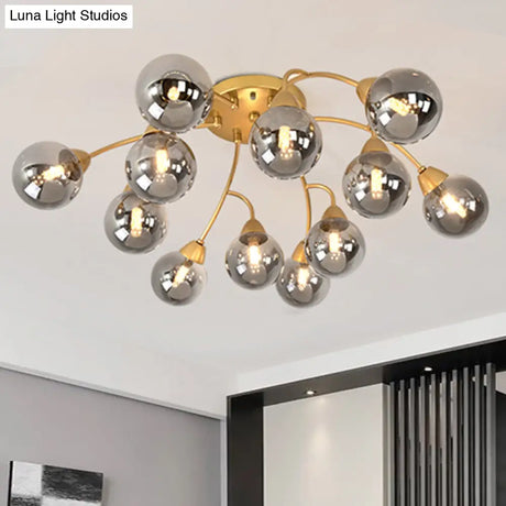 Modernist Amber/Smoky/Cream Glass Semi Flush Lamp With Grape Shape Led Lights - Gold Mount Fixture