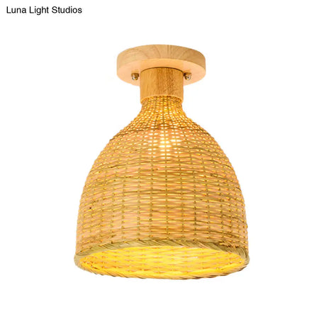 Modernist Bamboo Ceiling Mounted Semi Flush Light Fixture For Living Room - Wood Finish