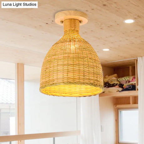 Modernist Bamboo Ceiling Mounted Semi Flush Light Fixture For Living Room - Wood Finish