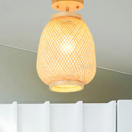 Modernist Bamboo Ceiling Mounted Semi Flush Light Fixture For Living Room - Wood Finish / B