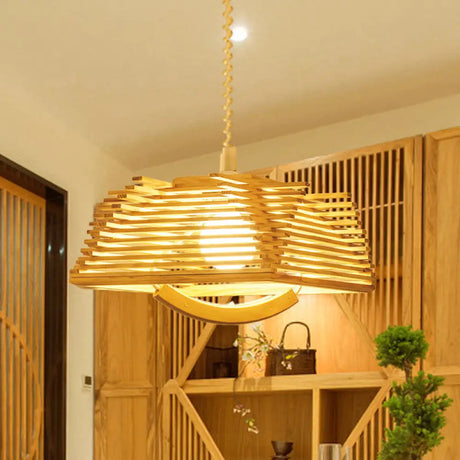 Modernist Beige Tapered Pendant Light With Wood Shade / B
