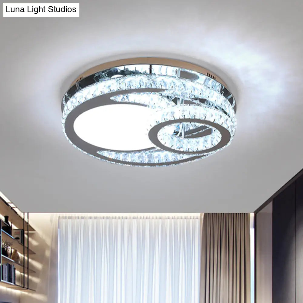 Modernist Beveled Crystal Led Ceiling Light: Round 19.5/23.5 Wide Chrome Semi Flush In Warm/White