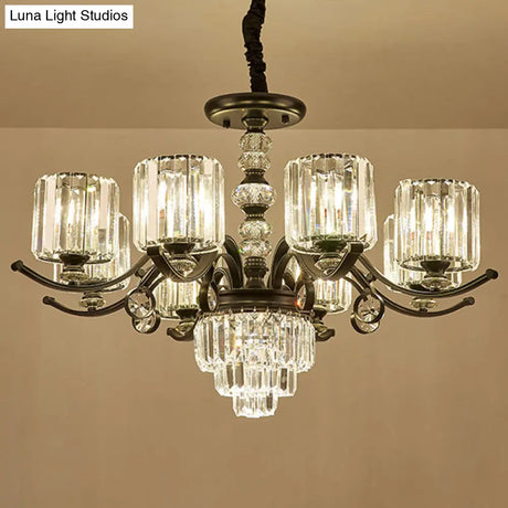 Modernist Black Cylinder Pendant Chandelier With Clear Crystal - Stylish Dining Room Ceiling Light