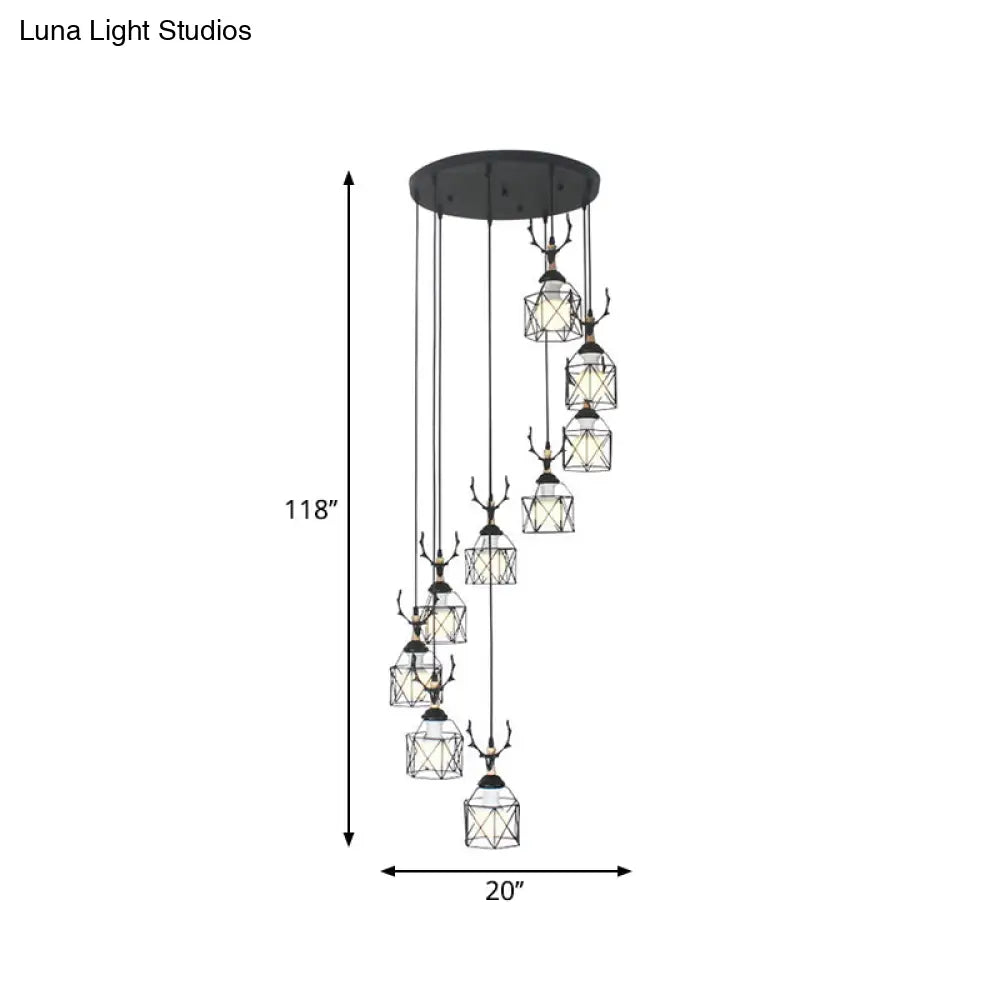 Modernist Black Hexagon Cage Pendant Lamp With Spiral Design - Metal Multiple Hanging Light