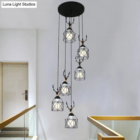 Modernist Black Hexagon Cage Pendant Lamp With Spiral Design - Metal Multiple Hanging Light